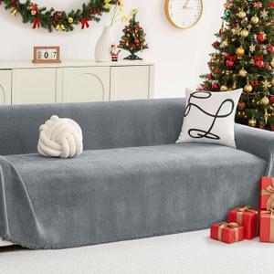 hyha Couch Cover for Dogs, Boho Sofa Covers for 3 Cushion Couch Washable, Chenille Sofa Slipcover for Pets, Soft Loveseat Sectional Couch Throw Blankets with Tassels (Grey, 71x118 Inch)