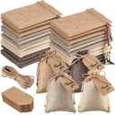 Woanger 100 Pcs Burlap Gift Bags with 100 Pcs Kraft Paper Gift Tags Drawstring Favor Bulk Burlap Sack Bags for DIY Wedding Party Craft(3 x 4 Inch,Hemp, Beige, Medium Brown, Dark Brown)