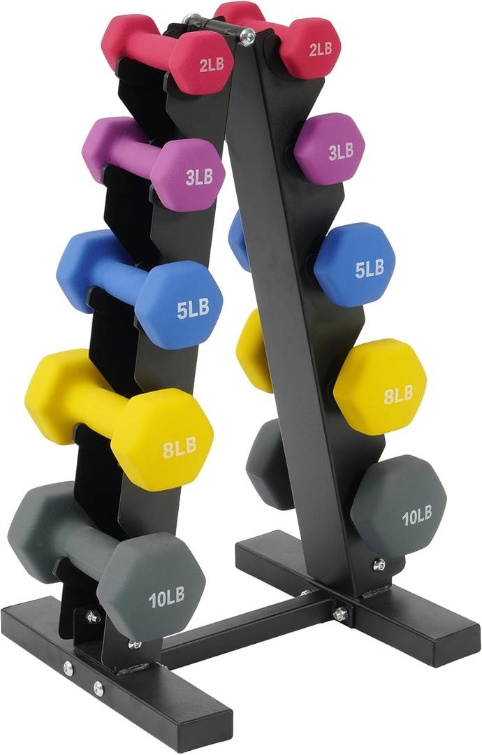 Fitvids Colored Neoprene Dumbbell Set with Rack, 56LB Set: 2/3/5/8/10LB Pairs, Color Series