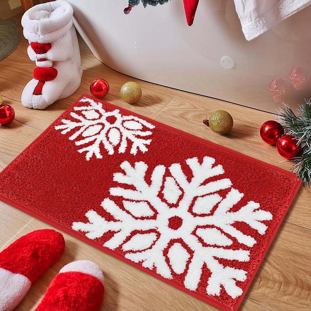 Vanleonet Christmas Bathroom Rugs Christmas Bathroom Decor Red Snowflake Rugs Cute Bath Mat Non-Slip Absorbent Shower Rug for Tub, 20x32