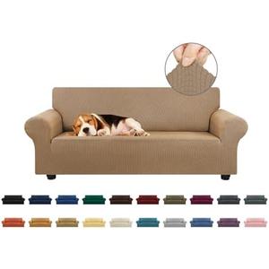 KEKUOU Stretch Loveseat Sofa Cover Slipcover,Couch Covers for 2 Cushion Couch Sofa (55"-78") Furniture Protector Sofa with Elastic Bottom for Kids,Dog. Jacquard Small Checked(Medium,Camel)