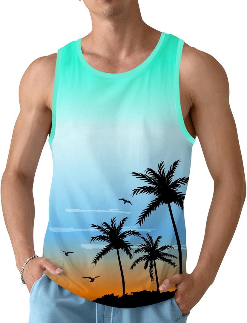 Mens Beach Tank Tops Sleeveless Shirts for Men Summer American Flag Print Graphic Mens Workout Gym Shirts Palm Tree Tops (M)