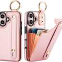 Folosu for iPhone 16 Wallet Case with Card Holder, Hand Wrist Strap Loop Holder Kickstand, RFID Blocking Finger Grip Ring PU Leather Double Buttons Shockproof Cover 6.1" Rose Gold