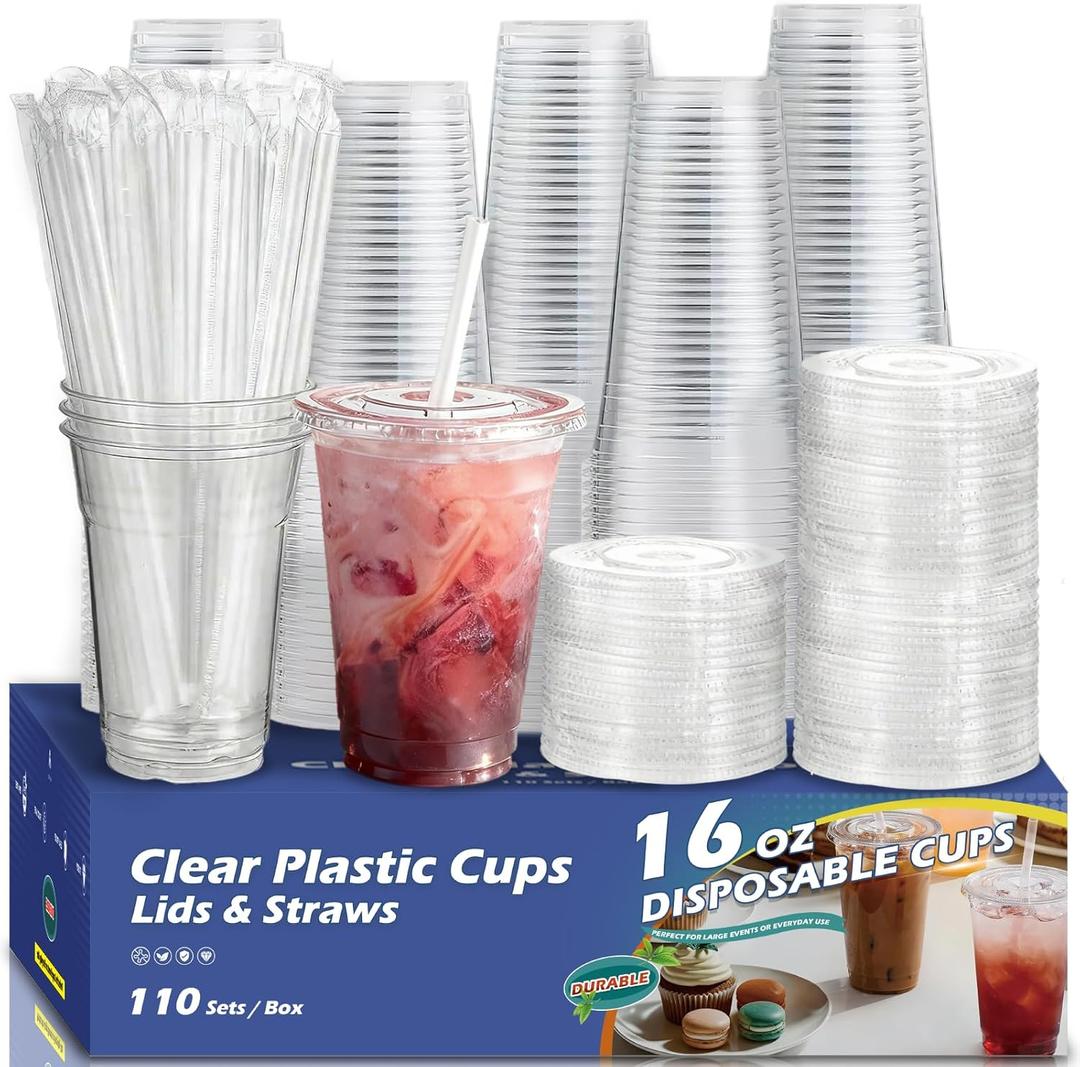 110 Pack Clear Plastic Cups with Lids and Straws, 16 oz Disposable Iced Coffee Cups To Go, BPA-Free Cold Drink Cups for Smoothie, Matcha, Parties