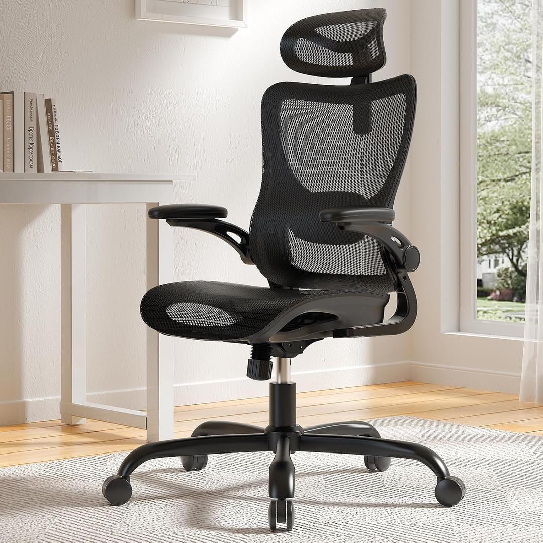 Marsail Ergonomic Mesh Office Chair High Back Home Office Desk Chair with Adaptive Lumbar Support, 2D Headrest, 3D Flip-Up Armrests, Height Adjustable and Rocking Tilt for Home Office and Gaming (Black)