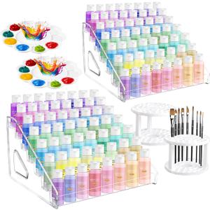 2 Pcs Clear Acrylic Paint Organizer Rack with Brush Holder, 7 Layer Acrylic Paint Tube Organizer, Snap-On Craft Organizers and Storage for Versatile Storage, No-Tools Setup & Quick Access (2 Set)