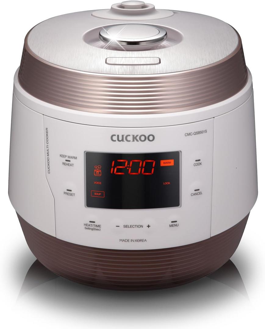 CUCKOO Electric Pressure Cooker 5QT, Versatile Slow Cooker with 10 Menu Options, High Pressure Food Steamer for Cooking, Instant Multicooker with Stainless Steel Non-Stick Inner Pot (CMC-QSB501S) (GOLD / WHITE)