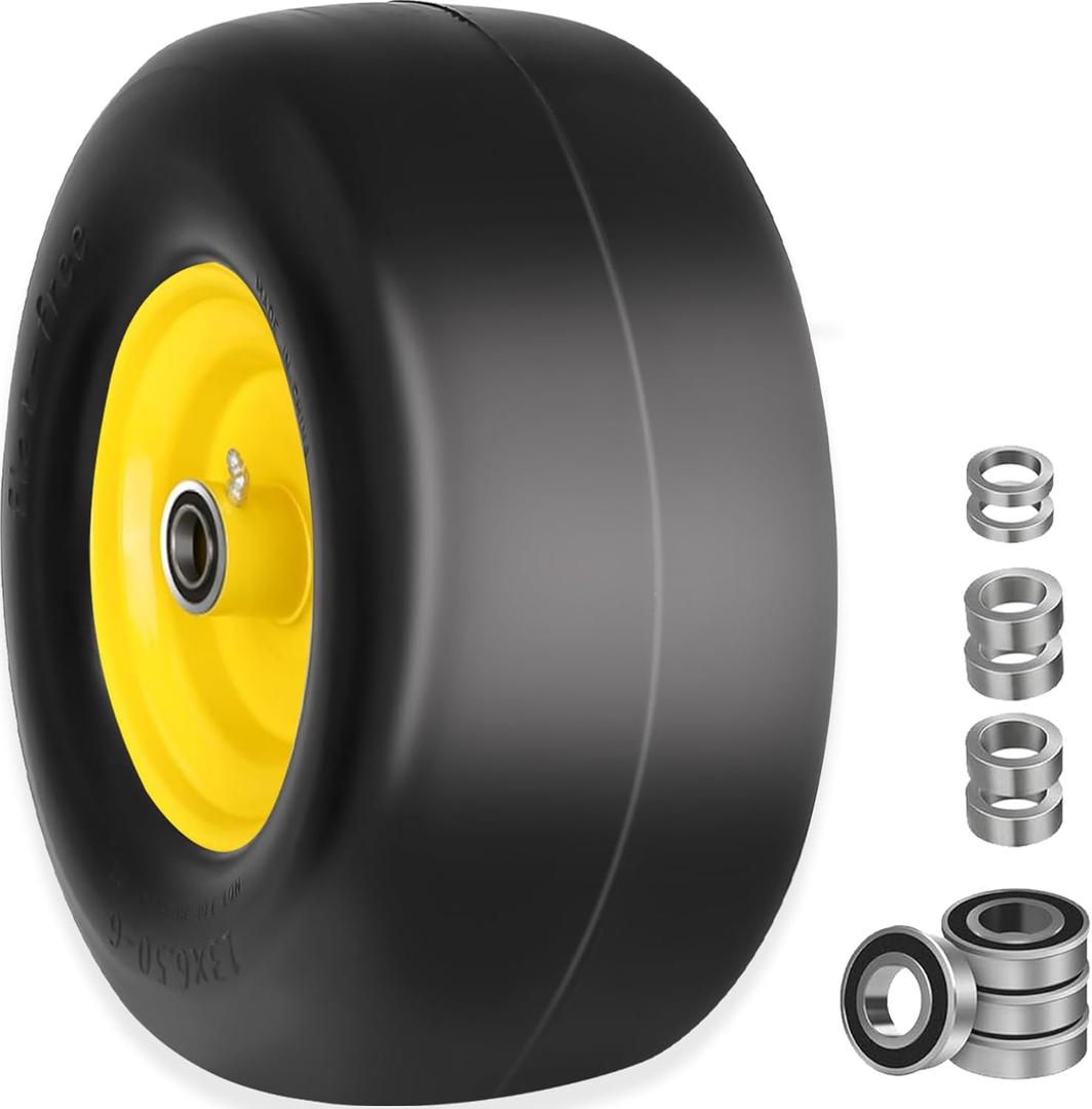 MIV 13x6.50-6 Lawn Mower Tires Flat Free, Front Tires For Zero Turn Lawn Mower, Fit Most Zero-Turn Lawn Mowers, Garden Tractors And Riding Mowers, 5.5"Center Hub, Yellow Rim, 1 Pack