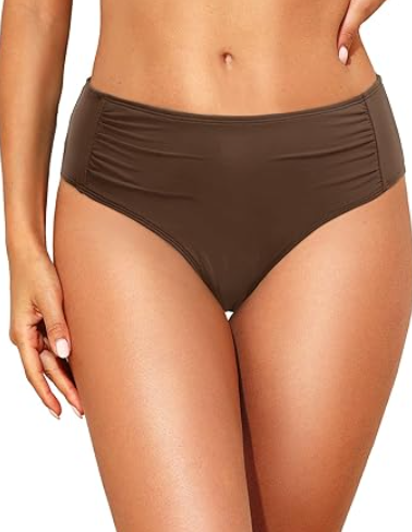 Women Full Coverage Bikini Bottoms - Mid Rise Bathing Suit Ruched Swim Bottom Swimsuit Swimwear, Size Small, Brown