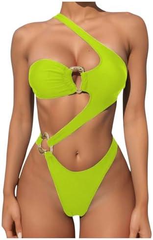 OYOANGLE Women's Ring Linked Cut Out One Shoulder One Piece Swimsuit High Cut Bathing Suits, Large 