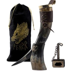 FENRIR Viking Drinking Horn With Stand & Leather Holster - 16 oz | Viking Gifts for Men | Thor Bottle Opener | Norse Horn Cup For Beer, Ale, Mead | Leak Proof, Food Grade | Natural Polished (ORGANIC FINISH WITH STAND)
