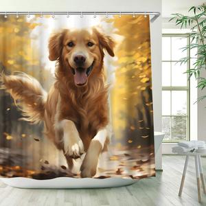 Cute Dog Shower Curtain Golden Retriever Running in Fall Forest Yellow Leaves Lovely Animal Autumn Watercolor Bathroom Decor Fabric Curtains with Hook 70Wx70H Inches (Orange)