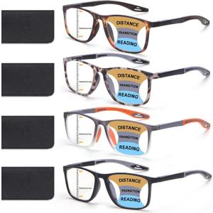 BLOEXCLU 4 Pack Progressive Multifocus Reading Glasses for Men Women TR90 Sports Style Anti-Blue Light Computer Readers