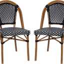 Flash Furniture Bordeaux Set of 2 Indoor/Outdoor Commercial Bistro Stack Chairs - Black/White PE Rattan Back and Seat - Natural Bamboo Print Aluminum Frame