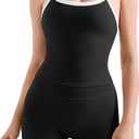 SUUKSESS Women 2 Piece Workout Sets High Waisted Tummy Control Biker Shorts Halter Padded Tank Tops S