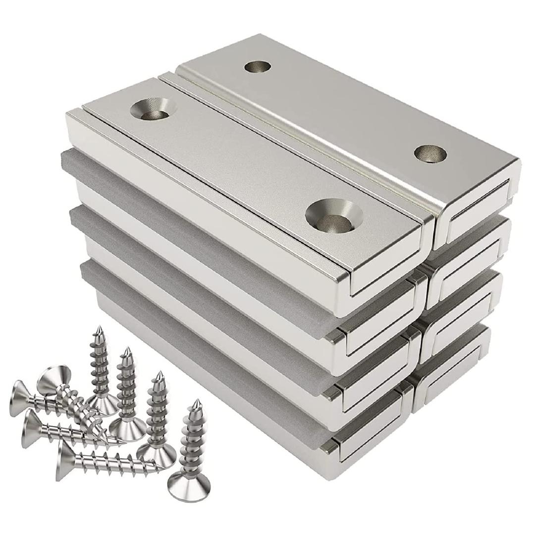 Magnetpro Neodymium Rectangular Magnets 45 lbs Force 1.57" x 0.53" x 0.20" with Countersunk Hole and Steel Capsule, Strong Household and Industrial Rare Earth Magnet with Screws Pack of 8 (Bright Silver)