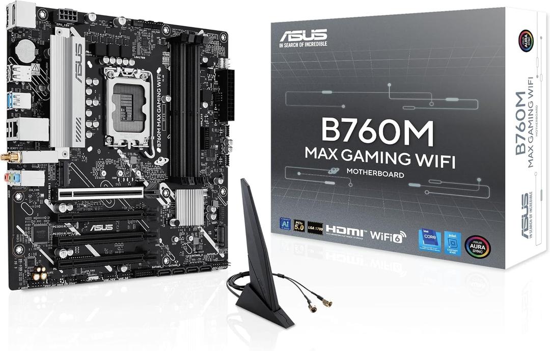 ASUS B760M MAX Gaming WiFi Intel B760 (LGA 1700) mATX Motherboard, Advanced AI PC-Ready, PCIe 5.0 x16, DDR5, 3X M.2, Wi-Fi 6, DisplayPort, HDMI, SATA, USB 10Gbps Type-A, USB 5Gbps Type-C, Aura Sync