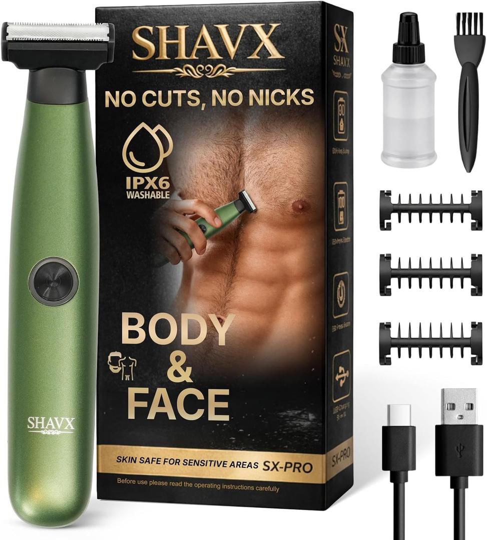 Electric Body Hair Trimmer & Beard Shaver for Men  Pubic & Groin Hair Ball Groomer  Skin-Safe for Sensitive Areas, Chest & Legs  Dual Blade Wet/Dry IPX6 Waterproof, Rechargeable with 3 Guide Combs (Green)