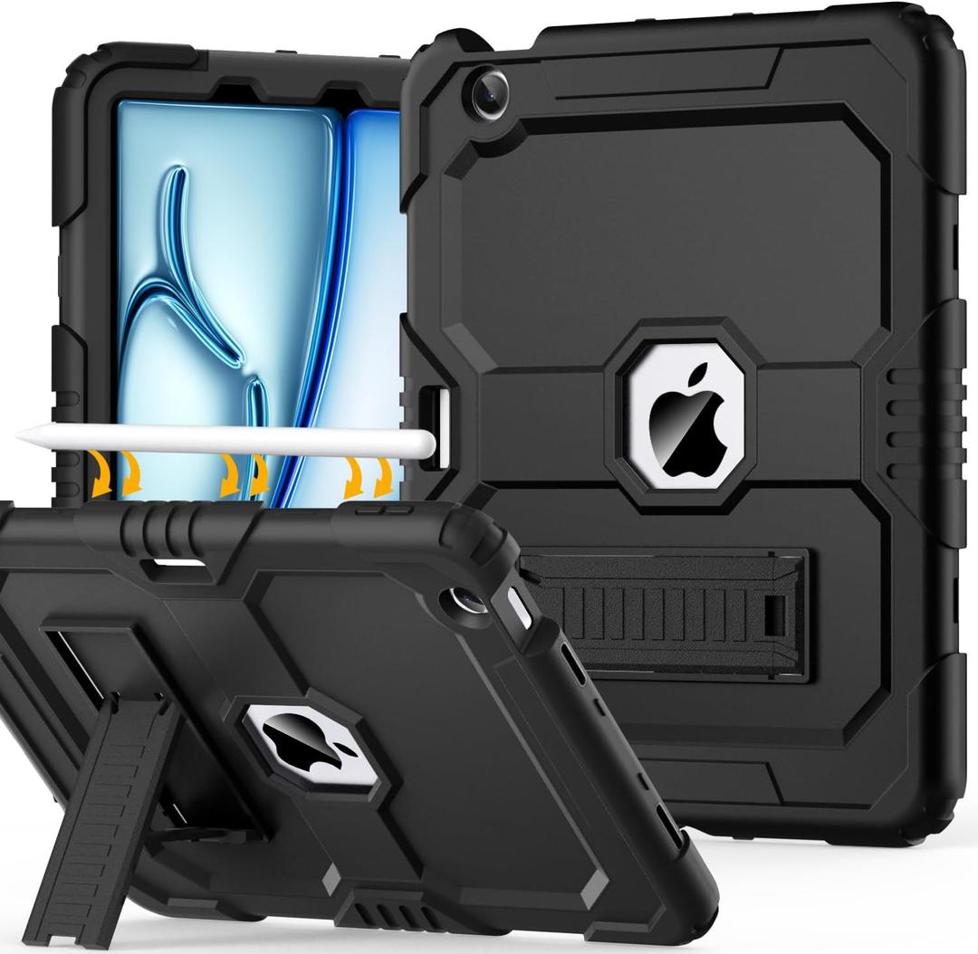 OKP Case for iPad Air 11-inch M2/ M3 (2024/2025) (Air 6th), for iPad Air 5th/ 4th Generation (2022/2020) 10.9'', Heavy Duty Rugged Air 6 5 4 th Gen iPad Cover with Pencil Holder/Kickstand, Black