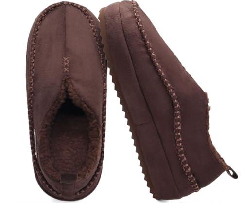 KuaiLu Men's Moccasin Slippers Memory Foam Indoor/Outdoor Warm Suede House Shoes Winter Clogs Slip-on Boots Slippers For Man with Fuzzy Sherpa Lining & Arch Support, Dark Brown Size 12