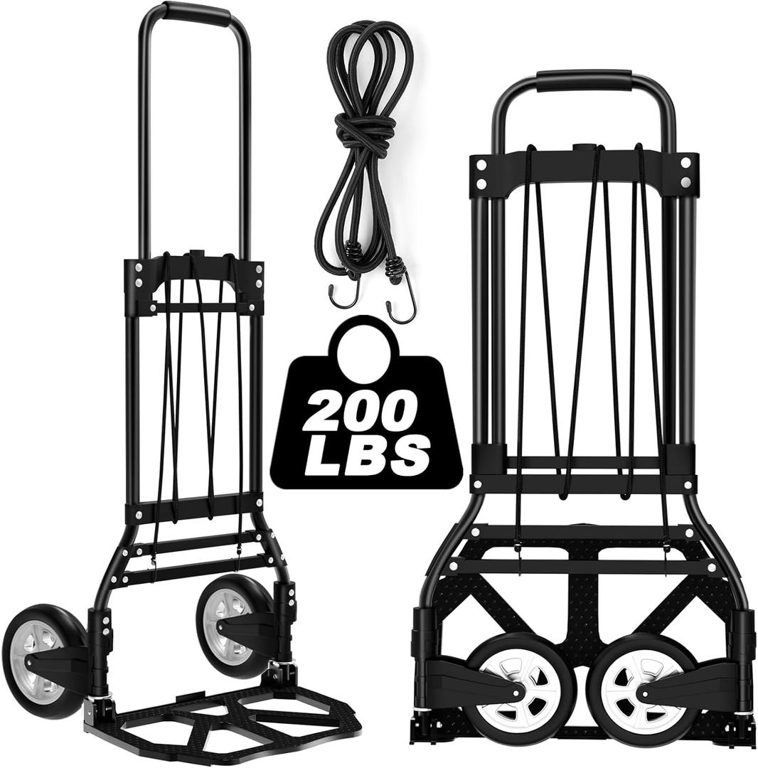 Folding Hand Truck and Dolly, 200 LB Capacity Upgraded Aluminum Dolly Cart, Extended Handle Portable Hand Truck for Travel, Moving, Shopping, Office Use, Black