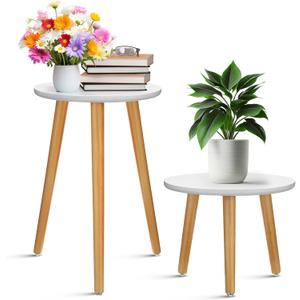 Briwooody 2 Pcs Indoor Plant Stand Mid Century Vintage Wood Modern Flower Pots Holder Round Side Table End Table Plant Stools for Living Room Corner Balcony Decor (White)