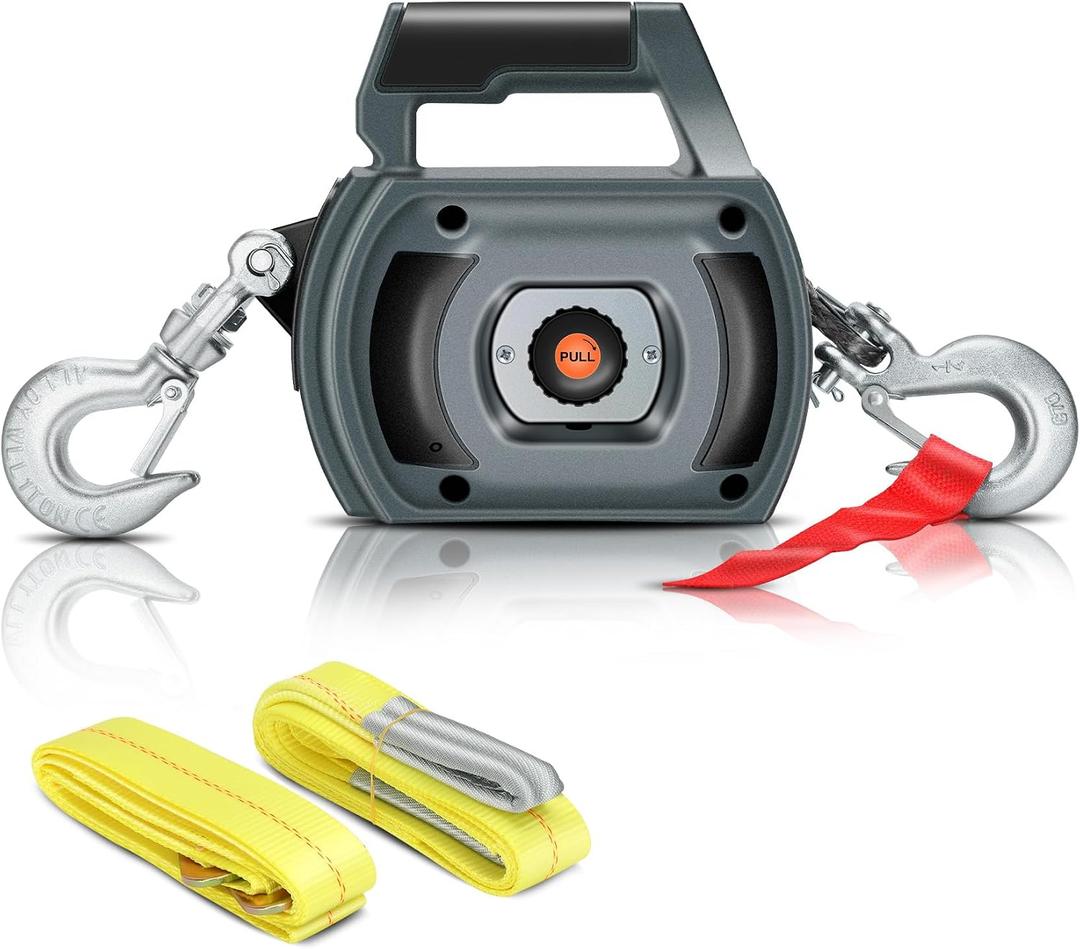 Portable Drill Winch of 1500 LB, Black Handheld Drill Winch with 40 Foot Synthetic Rope, Rotate The Hook 360 Degrees, for Lifting & Dragging