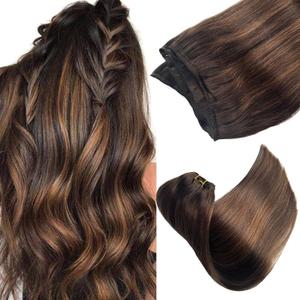 Brown Highlights Hair Wefts Sew in Hair Extensions Real Human Hair Bundle, 24 Inch 120G Ombre Dark Brown Balayage Chestnut Brown Highlights Weft Hair Extensions Human Hair Hand Tied Weft Extension