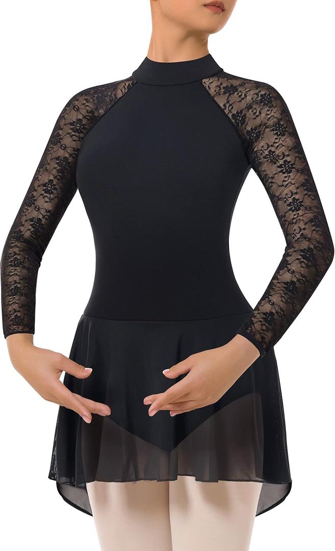 Women's Turtleneck Dance Leotard With Skirt Adult Lace Long Sleeve Ballet Dress (Medium, Black)