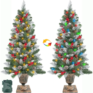 2 Pack 4 FT Snowy Artificial Potted Christmas Tree with 60 LED Lights,Warm White and Colored Changing,8 Lighting Mode&Timer,Battery Operated,Small Xmas Tree,Outdoor Front Door Porch Home Decoration