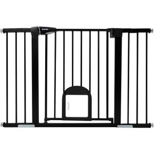 Babelio Upgraded Baby Gate with Cat Door, Auto Close Durable Dog Gate for Stairs, Doorways and House, Easy Walk Thru Safety Gate with Pet Door Includes 4 Wall Cups, 29-48" Wide, 30" Tall, Black