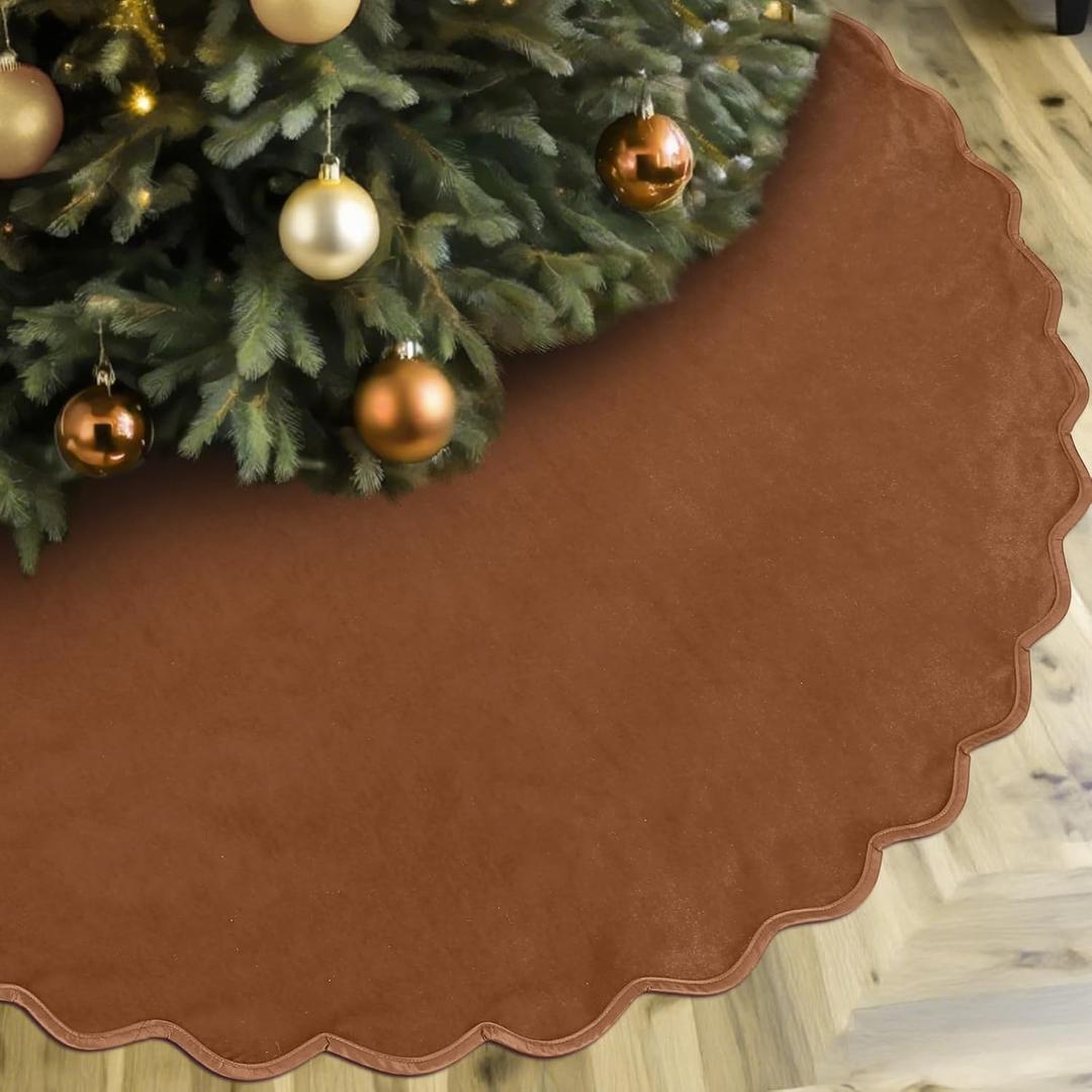 Brown Christmas Tree Skirt 48 Inches Neutral Velvet Christmas Tree Skirts Modern Scalloped Edge Xmas Decorations Minimalist Mat for Home Indoor Outdoor Holiday Party Decor