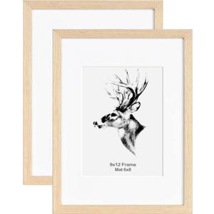 Yaetm 9x12 Oak Picture Frame Matted to 6x8 Set of 2, Natural Solid Wood Photo Frames 9x12 with Tempered Glass, Horizontal and Vertical Wall Mounting (2 Pack, Oak)