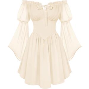 Scarlet Darkness Women's Renaissance Fairy Dress 2026 Summer Boho Off The Shoulder Flowy Corset Mini Dresses Beige XL