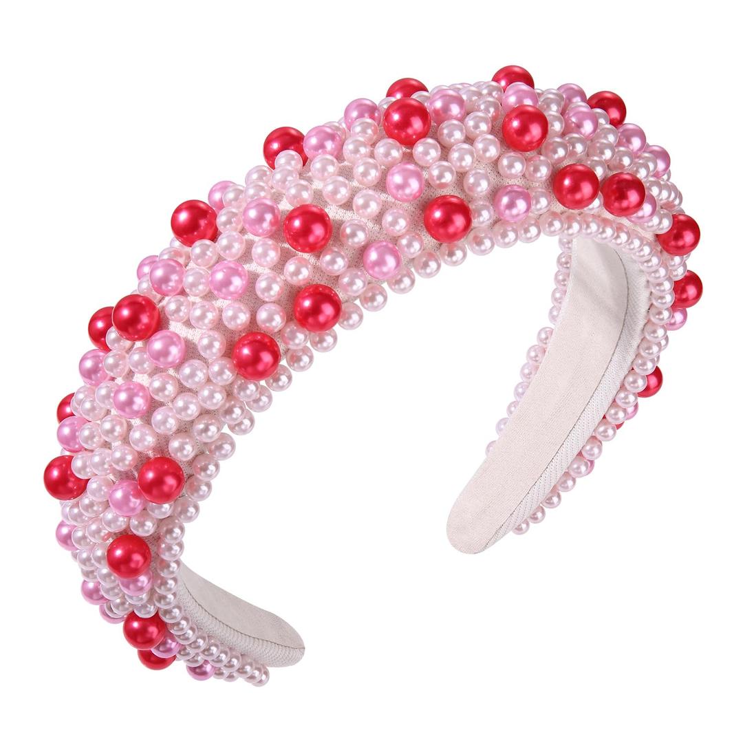 2 x Crystal Headbands for Women, Valentines Day Padded Pearl Headband Bejewelled Rhinestone Pearl Bridal Hair Hoop Wedding Hair Accessories (Pink Rose Red)