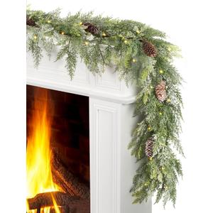 JOJOLEE 72inch Prelit Christmas Garland with Timer Light, Battery Operated Snowy Cedar Evergreen Garland with Frosted Pine Cones, Mixed Cedar Pine Branches, 8 Lighting Modes for Mantle Staircase Decor