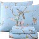 RYNGHIPY Egyptian Cotton Bed Sheet Set Blue Bird Botanical Pattern Bed Sheets Deep Pocket Fitted Sheet Tree Branches Print Bedding Soft Breathable (Light Blue, King Size)