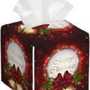 Christmas Tree Bell Tissue Box Cover Xmas Gift Square Leather Tissue Case Holder Facial Paper Organizer Dispenser Decorative for Tabletop Night Stands Desk Bathroom Kitchen Car Office Home Decor