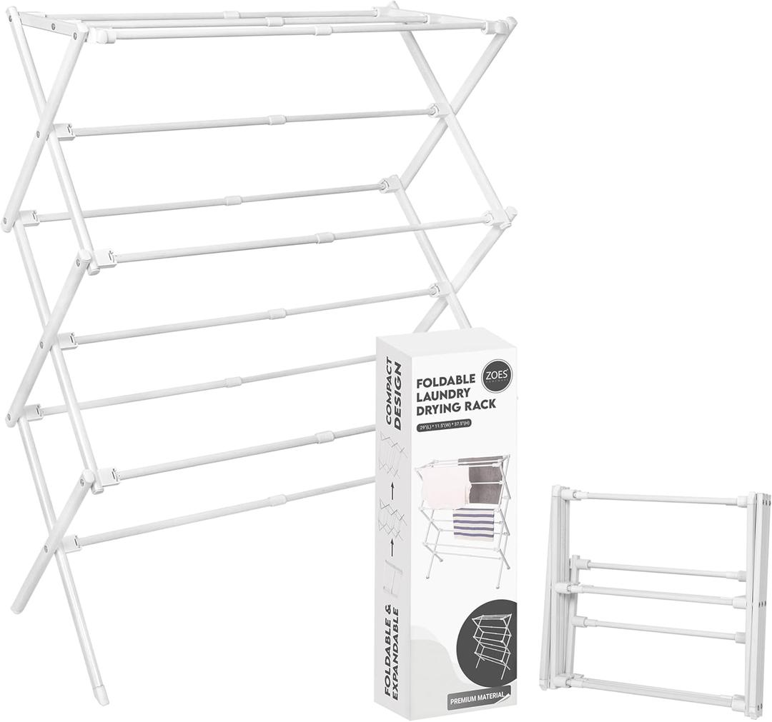 ZOES HOMEWARE 2026 Enhanced Clothes Drying Rack | Foldable Drying Rack Clothing for Laundry | Small Collapsible Portable Dryers for Laundry | Use for Indoor & Outdoor | White 37.5"x29"x12", 29" X 11.5" X 37.5"