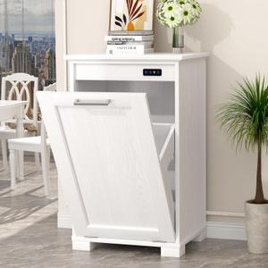 Tilt Out Trash Cabinet, 10-Gallon Trash Can Cabinet with Deodorising Function, Wooden Freestanding Garbage Can for Home and Kitchen Hidden Laundry Hamper, White