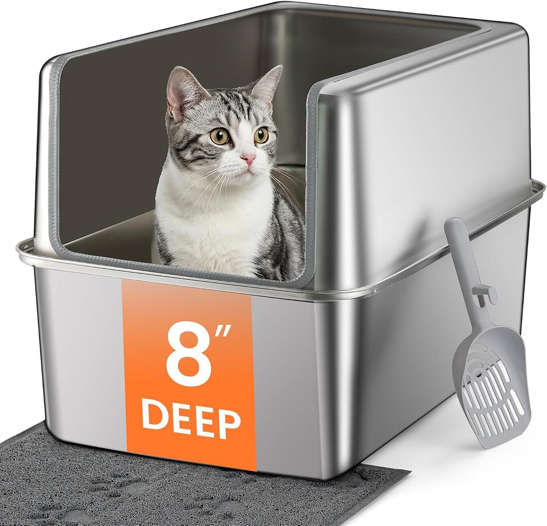 Stainless Steel Litter Box with Metal Lid and Scoop - Enclosed Metal Litter Box for Large Cats, Rust-Resistant, Odor-Control, Easy to Clean, Durable & Long-Lasting with Round Edge (XXL-)