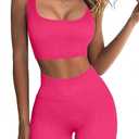 QINSEN Ribbed Workout Outfits for Women 2 Piece Seamless Sport Bra High Waist Yoga Leggings Sets (Medium, Pink)