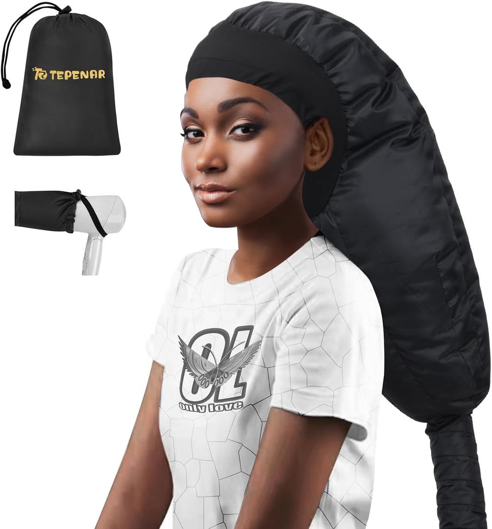 TEPENAR Hair Dryer Bonnet Attachment: Upgraded Extra Large Hooded Dryer Adjustable Hair Dryer Caps - Easy to Use for Natural Curly Textured Hair Care Styling Fast Drying - Black