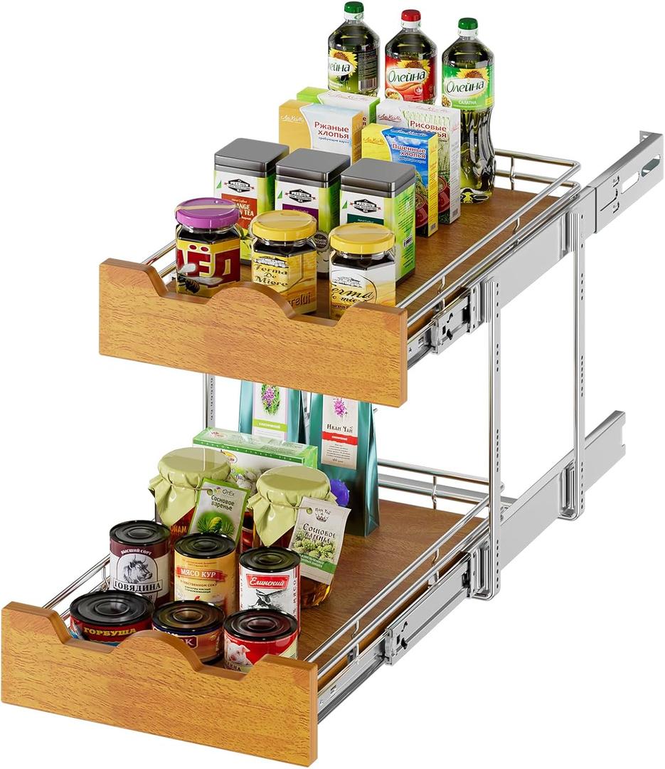 DINDON 2 Tier Pull Out Cabinet Organizer (11" W x 21" D) Slide Out Wood Shelf Organizers Double Tier Kitchen Wire Basket with Chrome Finish
