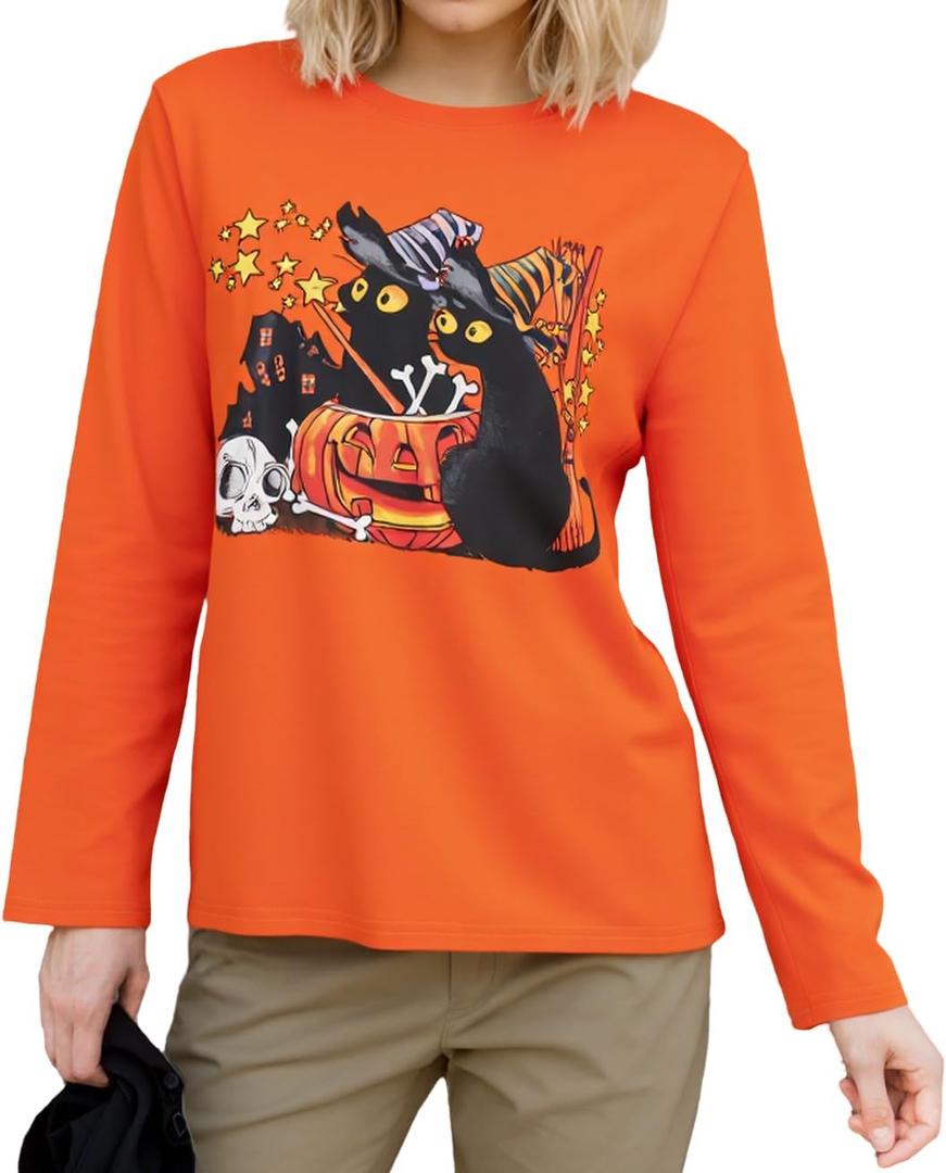 Barlver Women's Halloween Funny Skeleton T-Shirt Pumpkin Face Long Sleeve Novelty Cotton Costume Top Tees