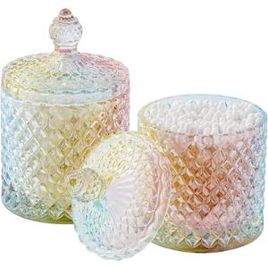 rejomiik Qtip Holder Glass Apothecary Jars with Lid Bathroom Accessories Vanity Organizers and Makeup Storage for Cotton Swabs, Makeup Sponges, Bath Salts, Canister Dispenser, 2 Pack Rainbow