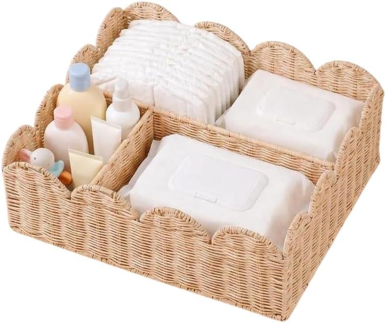 Rattan Diaper Caddy with Divider, Wicker Scalloped Baby Basket
