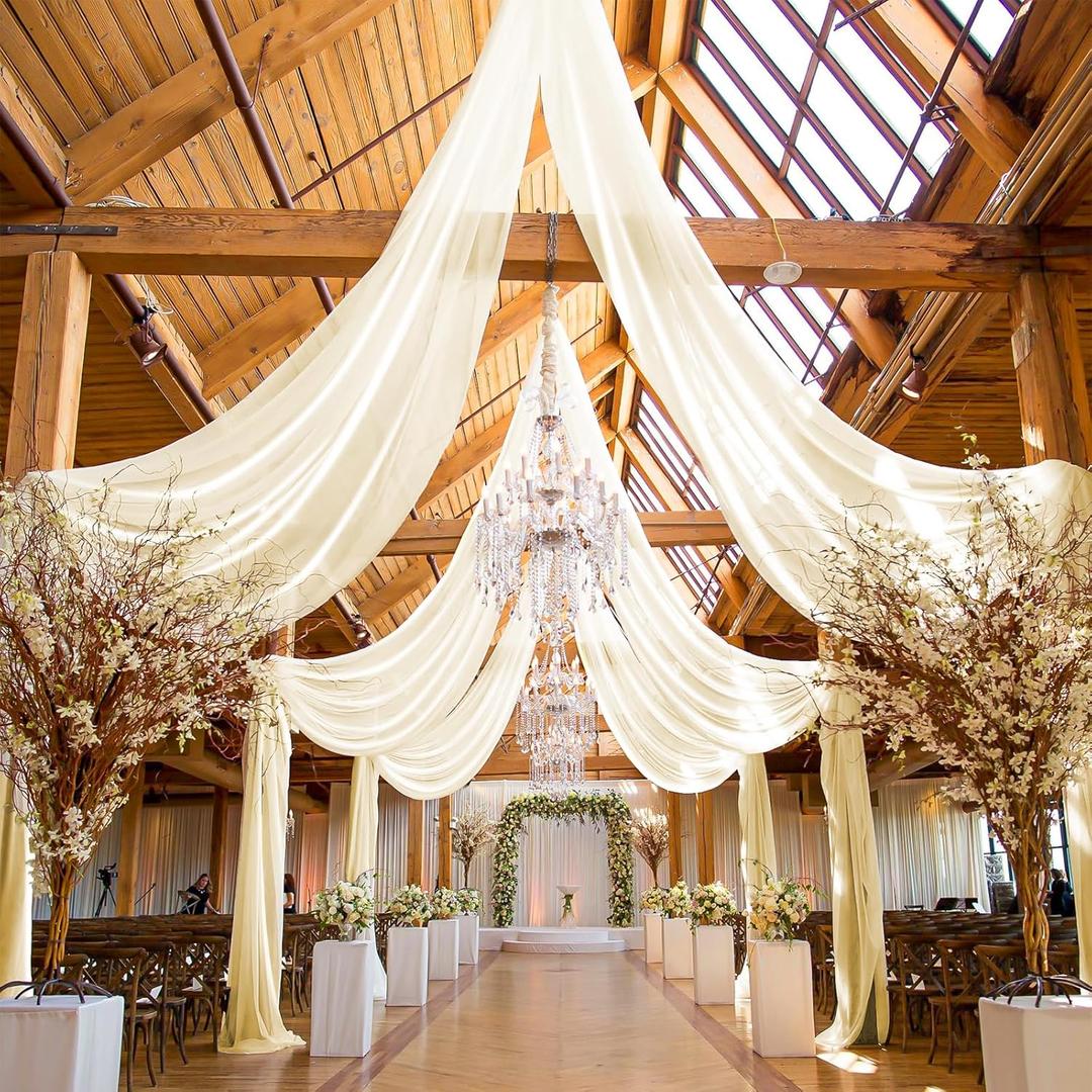 6 Panels Ivory Ceiling Drapes for Wedding, 5ftx40ft Ceiling Drapes Smooth Satin Fabric Curtain Wedding Arch Draping Fabric Romantic Ceiling Decorations for Weddings Party Ceremony Stage