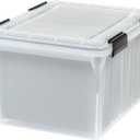 IRIS USA File Box WeatherPro Organizer Plastic for Letter/Legal, Water Resistant Document, Durable Lid, Seal w/Secure Latching Buckles, Stackable, Nestable, Clear 32 Qt. 1 Pack