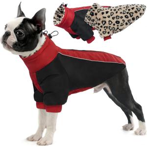 IDOMIK Warm Winter Coat, Reversible Dog Coat with Leopard Fleece Lining, Thick Waterproof High Collar Jacket, Reflective Cold Weather Coats Snowsuit for Small to Large Dogs (L(Chest Girth:60cm/23.62), Red)